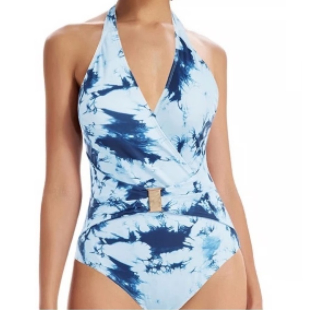 Grace Karin belted tie dye one piece v neck halter swimsuit bathing size Large